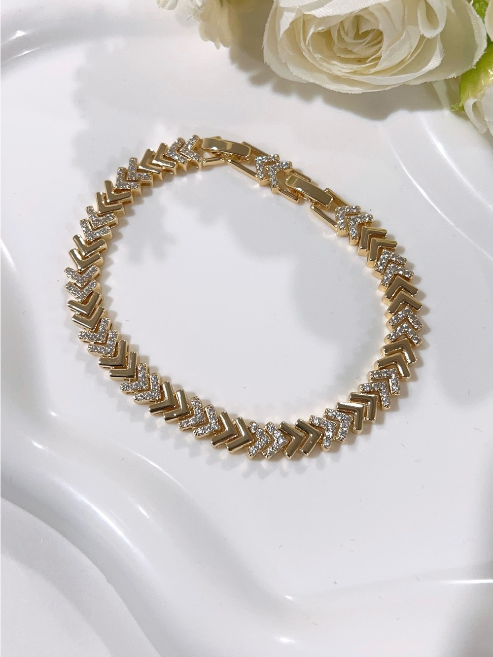 18k Gold Plated Chevron Tennis Bracelet with Rhinestones - Women's Jewelry